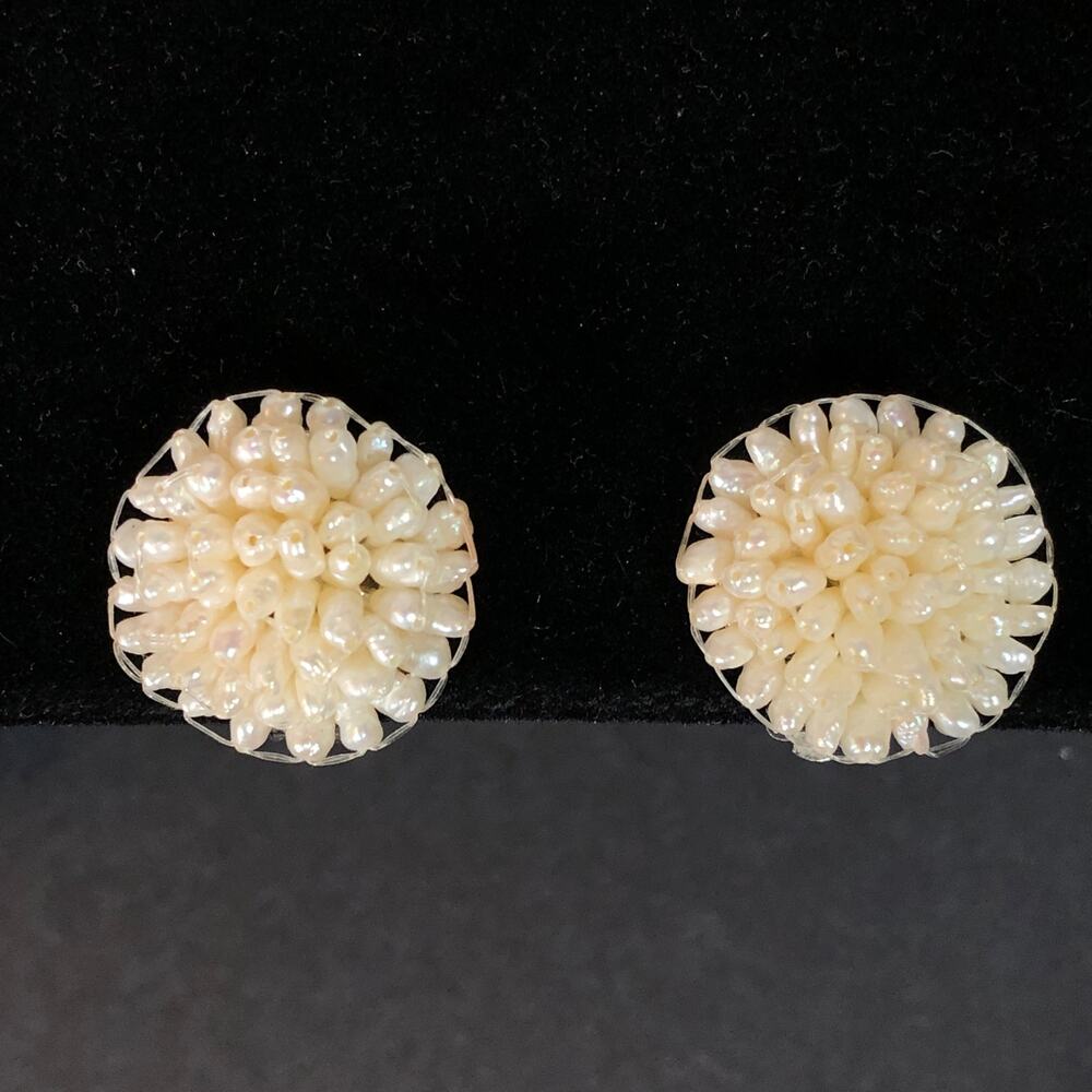 Vintage Pearl Earrings, Clip-on Cluster of Mini Pearls White Bridal Regency